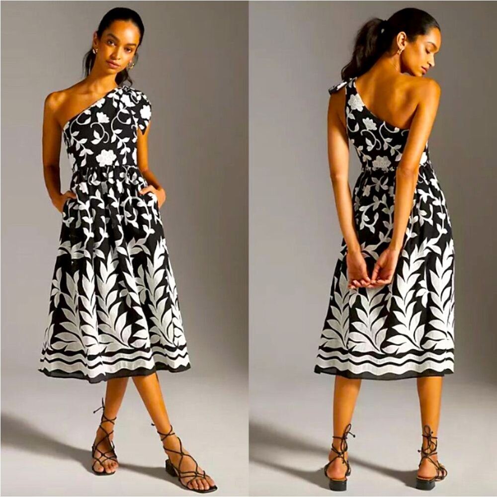 Anthropologie Black and White One Shoulder Dress